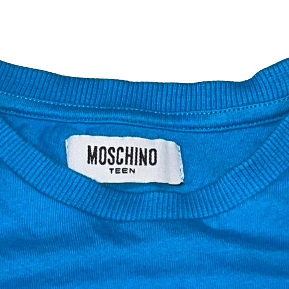 Authentic MOSCHINO Teen Kid Unisex Blue Stretch Soft Graphic Tee T-shirt - Picture 3 of 7